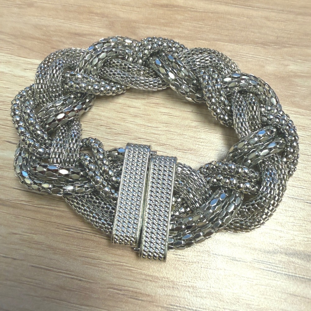 Chunky Silver Tone Braided Multi Strand Mesh Bracelet Magnetic Clasp 7.5 Inch